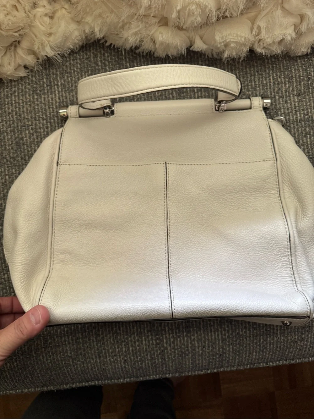 Ivory Pebbled Leather Satchel Shoulder Bag with Pink Trim